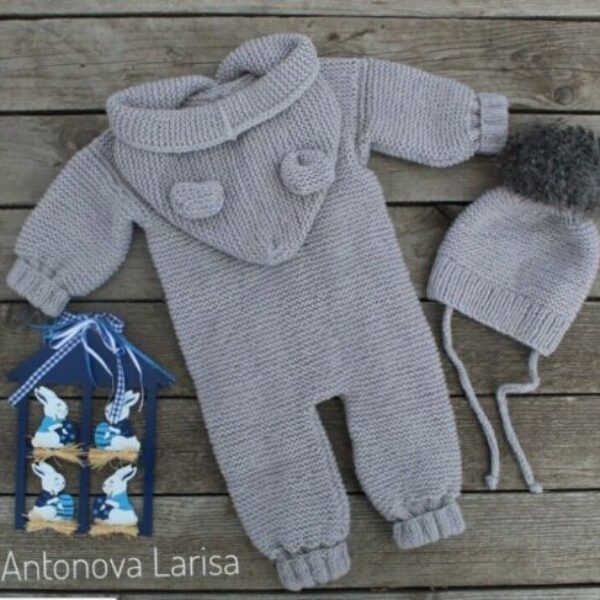 Reborn doll clothes - Knitted grey baby outfit with hoodie and pom pom hat