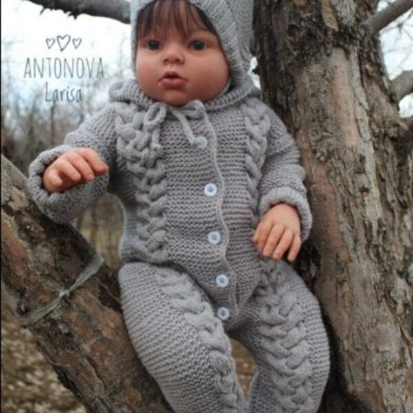 Reborn doll clothes - Reborn baby in knitted grey baby outfit sitting on the tree